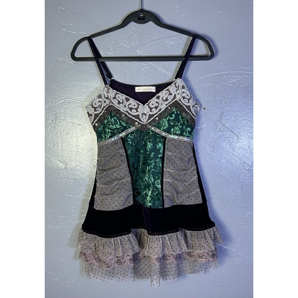 Y2K Long Tank Top Lace Velvet Beading Ruffles Embroidered Layered Size S/M?